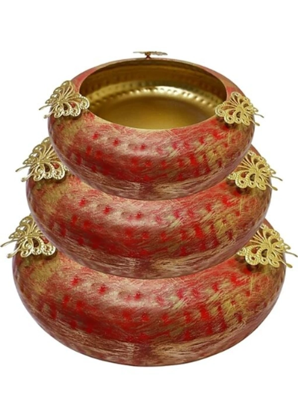  Handmade Designer Red color Bowl Set Urli For Flower  Fotting  - Red, Metal, Pack of 3